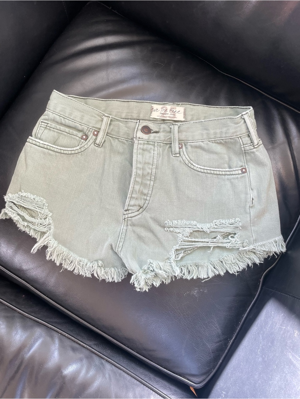 Free People Sage Green Distressed Cutoff Denim Shorts